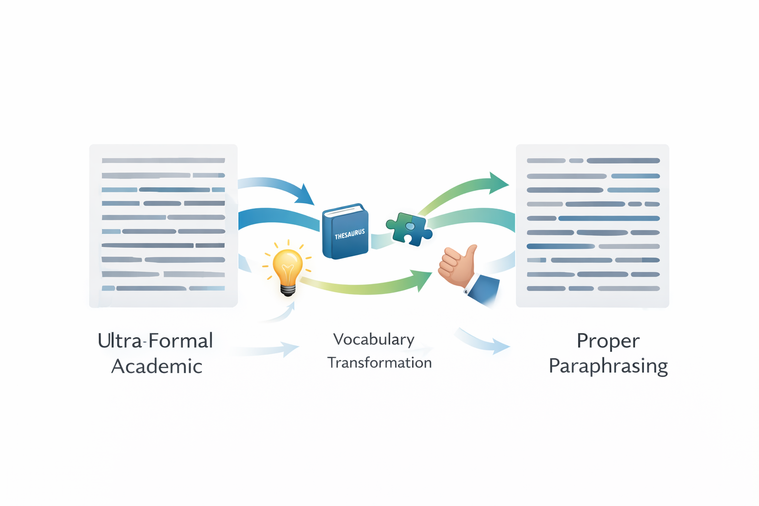 Plagiarism versus proper paraphrasing comparison: red X for plagiarism, green checkmarks for correct paraphrasing with citation